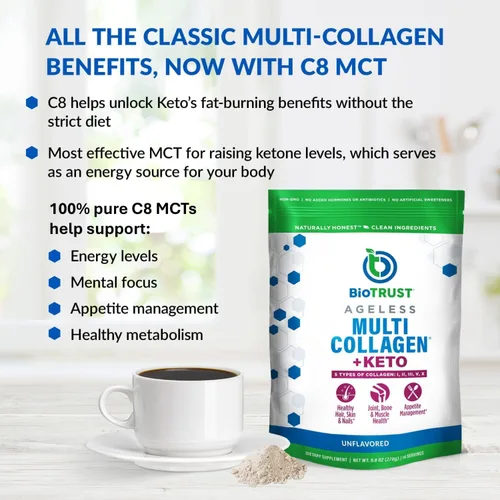 Miniatura 5 de BioTrust Polvo de proteína de colágeno múltiple + aceite MCT Keto – 5 tipos (I, II, III, V, X) y 100% ácido caprílico C8 – Apoya cetonas elevadas