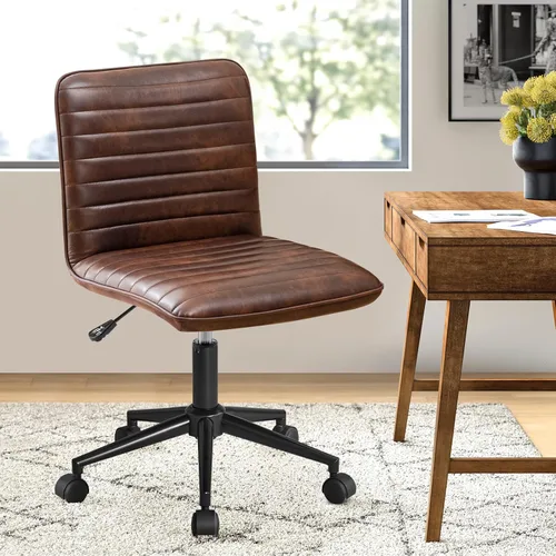 Miniatura 7 de Furniliving Silla de cuero para oficina en casa, silla de trabajo de escritorio sin brazos con ruedas, silla giratoria de 360° para computadora