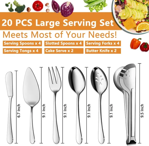Miniatura 2 de BEWOS Utensilios para Servir, Juego de 20 Piezas Grandes, Cucharas para Servir, Cucharas Ranuradas, Pinzas y Tenedores para Servir, Servidor