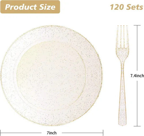 Miniatura 3 de Goodluck 240 platos de plástico de postre con purpurina dorada de 7 pulgadas con tenedores de 7.4 pulgadas, platos dorados para aperitivos para 120