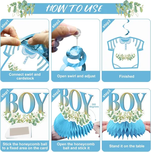 Miniatura 6 de Decoraciones de baby shower para niño, 9 piezas de pancarta de revelación de género de niño con purpurina azul claro, centro de mesa, juego