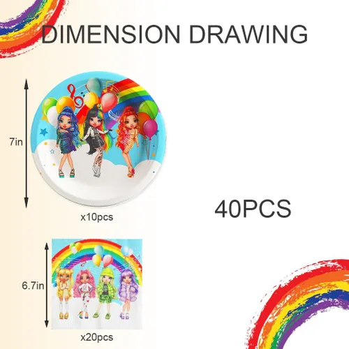 Miniatura 4 de 40 piezas de juguetes de fiesta Rainbow High Dolls incluyen 20 platos, 20 servilletas para decoración de fiesta de cumpleaños de muñecas Rainbow High