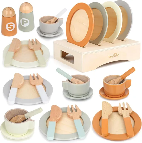 Platos y vajilla de juego de madera para set de cocina de niños, 27 piezas de accesorios de cocina de juego de madera, juguete de cocina para niños
