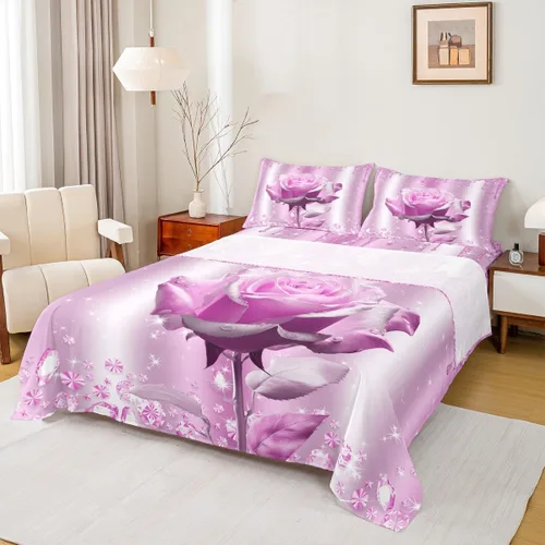 Miniatura 17 de Manfei Juego de sábanas de rosas rosas 3D tamaño individual, juego de ropa de cama brillante con purpurina rosa para decoración de habitación