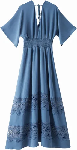 Miniatura 2 de Vestido largo de encaje para mujer de manga corta y cuello en V, vestido de fiesta estilo bohemio con cintura fruncida, vestido bohemio para mujer