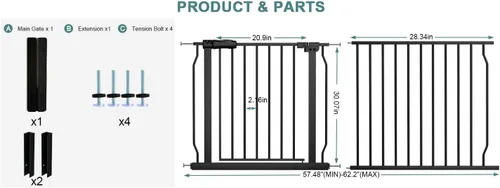 Miniatura 2 de Puerta extra ancha para bebé, puertas de seguridad extra altas para interiores, metal negro, gran montaje a presión, puerta para mascotas, puerta