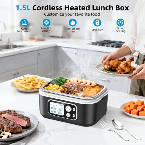 Miniatura 2 de Fiambrera eléctrica inalámbrica, 100 W, recargable, calentada, para adultos, lonchera portátil autocalentable de 1.5 litros con batería a prueba