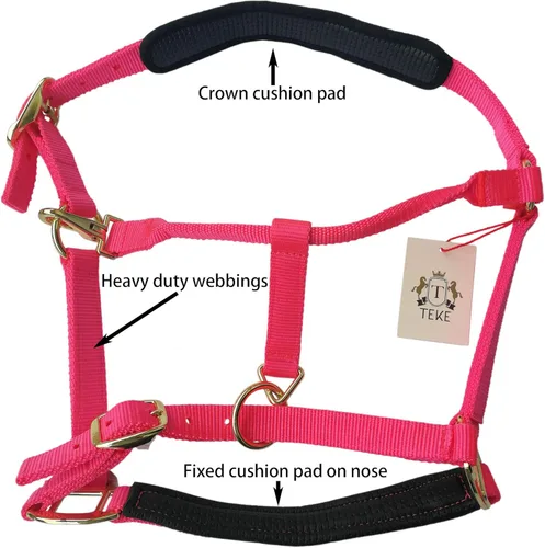 Miniatura 2 de T TEKE Cabestros ajustables para caballos de nailon suave resistente, acolchados con neopreno gofre antiroces tanto en corona como en nariz Rojo