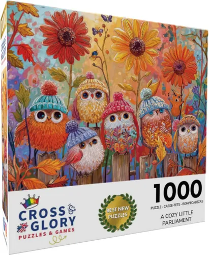 Miniatura 2 de Cross & Glory Un pequeño parlamento acogedor - Rompecabezas de 1000 piezas para adultos Lindos pájaros de otoño con sombreros de punto