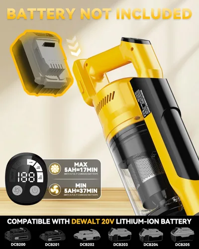Miniatura 3 de Aspiradora inalámbrica de 350 W para batería Dewalt, aspiradora ligera sin escobillas de 35 kPa con succión de 3 modos, aspiradora de palo 6 en 1