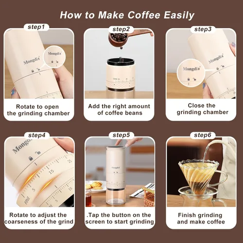 Miniatura 3 de Mongdio Molinillo de Café Eléctrico Portátil de Muelas con 38 Configuraciones, Molinillo de Café de Muelas Cónicas con Pantalla LED, Carga USB