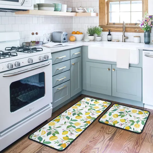 Miniatura 9 de Lemon - Juego de 2 alfombras y tapetes de cocina de microfibra antideslizantes, lavables, absorbentes para el piso, juego de 2 tapetes de cocina