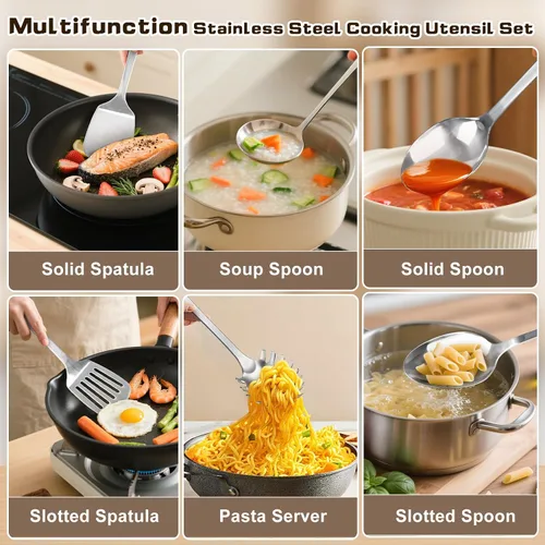 Miniatura 7 de Juego de 9 utensilios de cocina de acero inoxidable, herramientas de cocina de metal resistentes al calor, incluye espátula Wok sólida y ranurada