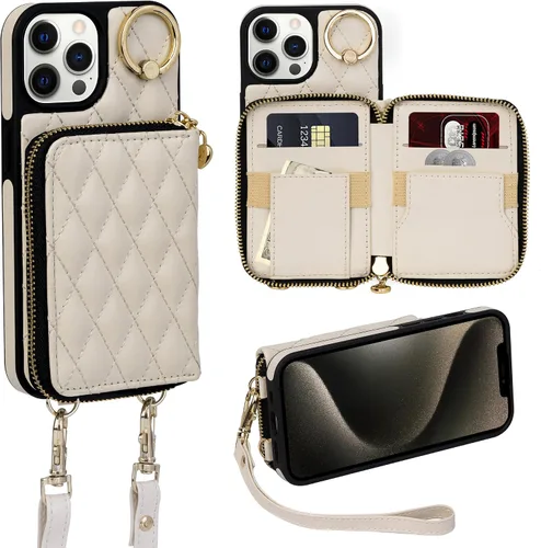 Miniatura 65 de Funda tipo cartera para iPhone 15 de 6.1 pulgadas, bolso cruzado con cremallera y correa para la muñeca con cordón para mujer, tarjetero con bloqueo