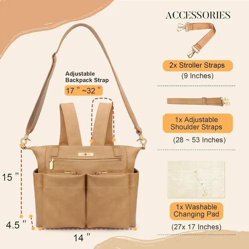 Miniatura 4 de miss fong Bolsa de pañales de cuero para bebé, mochila grande para pañales con 11 bolsillos cambiador, correas para cochecito, 4 bolsillos aislados