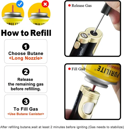 Miniatura 4 de GUEVARA Encendedor de Antorcha de Butano con Punzón a Prueba de Viento de Doble Chorro (Negro-Dorado) Dual jet flame, windproof, butane refillable