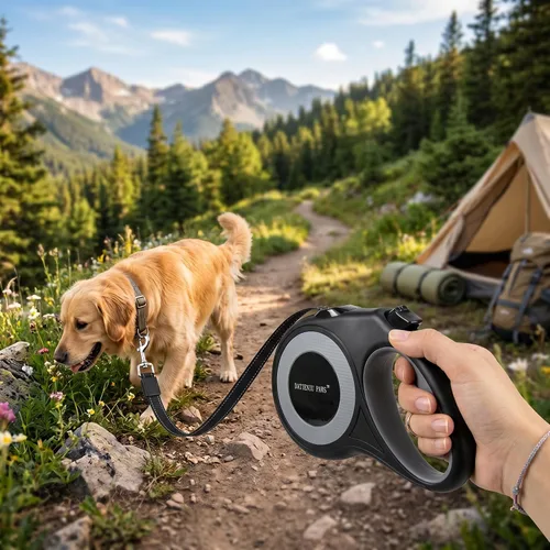 Miniatura 4 de Correa retráctil para perro, cinta de nailon fuerte de 16 pies, puntada reflectante para caminar por la noche, freno con una sola mano, mango Negro