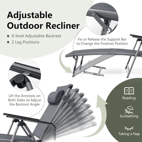 Miniatura 3 de Tangkula 2 sillones de aluminio para exteriores, tumbona plegable para patio con 8 respaldos y 2 posiciones ajustables de patas, sillón reclinable