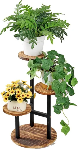 VECELO Soporte para Plantas de 3 Niveles Interior y Exterior, Estante Alto de Metal y Madera para Flores y Múltiples Plantas, Pequeño Estante de
