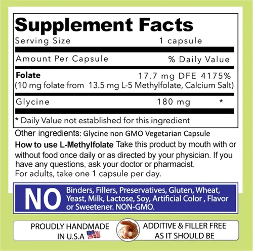 Miniatura 4 de Nuestro suplemento Daily Vites L-metilfolato (10 mg / 10000 mcg) – Cápsulas de folato activo de 5-MTHF para hombres y mujeres – Folato activo