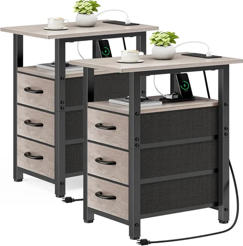 Miniatura 11 de Vagusicc Mesita de noche negra con estación de carga y luces LED, mesa auxiliar estrecha, mesita de noche LED con 3 cajones de tela para dormitorio