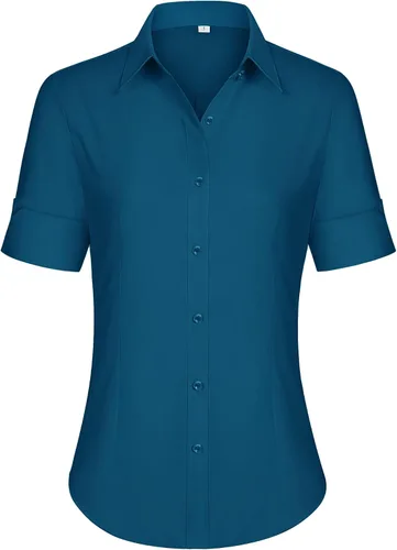 Miniatura 27 de siliteelon Camisas de vestir de manga corta con botones para mujer, camisas de algodón con botones para mujer, blusa ajustada de manga 3/4