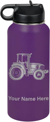 Miniatura 45 de LaserGram Botella de agua personalizada, tractor agrícola, acero inoxidable de doble pared aislada al vacío con popote superior, regalo grabado