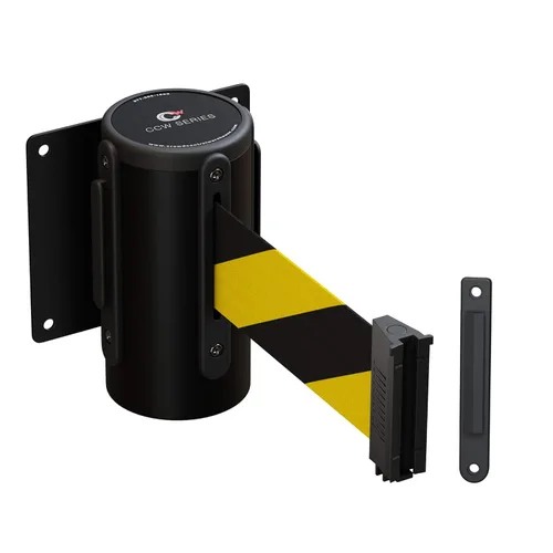 Crowd Control Warehouse - Barrera de cinturón retráctil de montaje en pared fija Serie CCW WMB-120 - Cinturón negro y amarillo de 11 pies con caja
