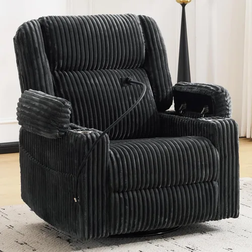 Silla reclinable eléctrica de gran tamaño con masaje y calor, silla reclinable giratoria para adultos con almacenamiento de brazos, sillón Gris