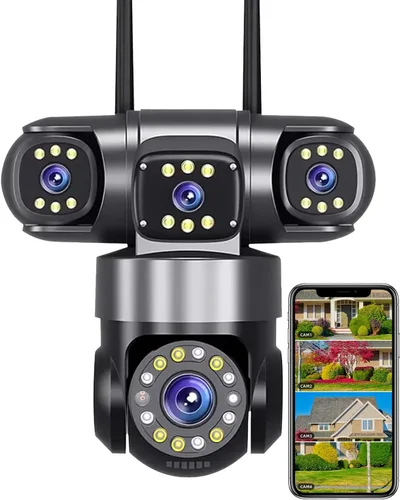 Cámaras de seguridad inalámbricas de 4 lentes para vigilancia doméstica al aire libre, interior, resolución FHD de 4 x 2 MP, cobertura PTZ de 360°,