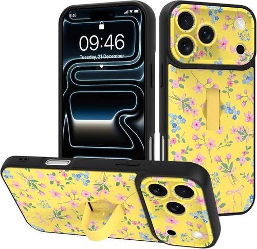 Miniatura 29 de Funda diseñada para iPhone 17 Pro Max con soporte plegable y correa para dedos, bonito patrón de lazo de corazón de flor rosa para mujeres y niñas