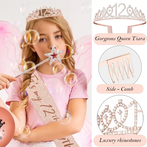 Miniatura 4 de Decoraciones de cumpleaños de 12 años para niñas, que incluyen adorno para pastel de 12 años, banda de reina del cumpleaños con alfiler de perla