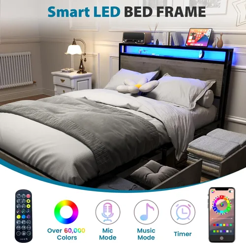 Miniatura 3 de Kiivakii Base de cama Queen con cabecero, base de cama de plataforma LED con 4 cajones de almacenamiento, estación de carga integrada, sin ruido