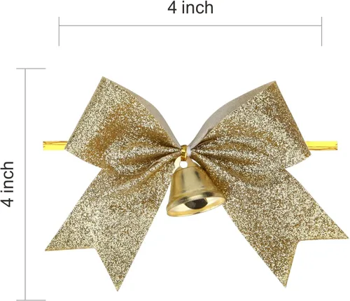 Miniatura 2 de Meseey 12 piezas de lazos de Navidad con campana, lazos de 4 pulgadas de oro metálico con purpurina para regalos, lazos prehechos con lazo