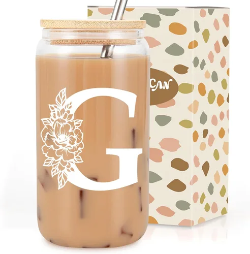 Miniatura 12 de Taza de Vidrio Inicial Coolife, Regalos Personalizados con Monograma para Mujeres, Tazas de Vidrio de 16 oz con Tapas y Popotes, Taza de Café
