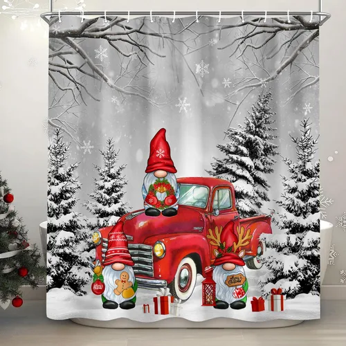 Miniatura 14 de Cortina de ducha de muñeco de nieve de Navidad, bola de Navidad roja, bonita cortina de ducha de muñeco de nieve de invierno, decoración navideña