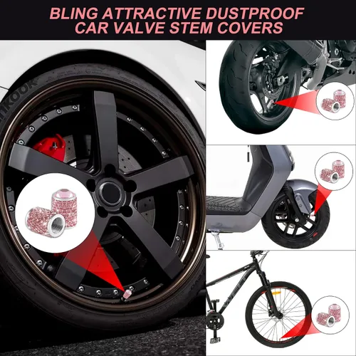 Miniatura 6 de Alpmosn Tapones para válvula de neumático de automóvil, 4 tapas de válvula de neumático brillantes, tapones de cristal brillantes para mujeres, Rosa