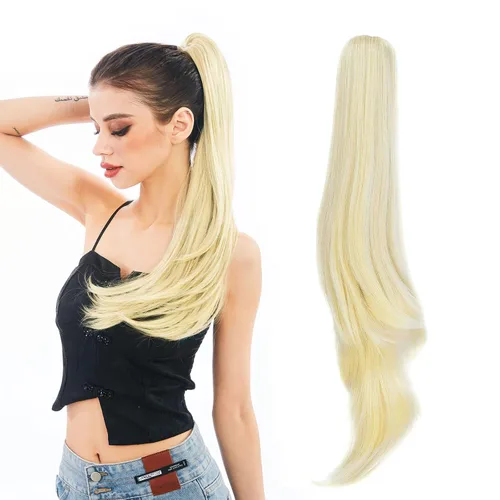Miniatura 20 de Extensión de Cola de Caballo, Extensión de Cabello con Garra Larga de 20", Piezas de Cabello Sintético Ondulado Liso con Clip en Peluca de Cola