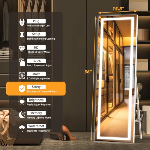 Miniatura 2 de Hasipu Espejo de longitud completa con luces, espejo de piso LED de 56 x 15.8 pulgadas, espejo de cuerpo entero para vestir, espejo montado