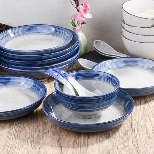 Miniatura 3 de Juego de vajilla de cerámica azul de 4 piezas, plato, plato, cuenco, cuchara, juego de vajilla de porcelana japonesa pintada a mano, una buena YL.
