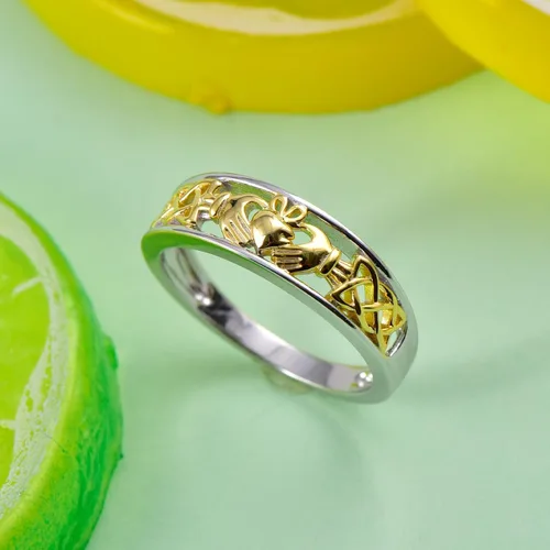 Miniatura 7 de Jeulia Claddagh - Anillos para mujer, plata de ley 925, chapado en oro de 14 quilates, anillo de compromiso de circonita cúbica de dos tonos, anillo