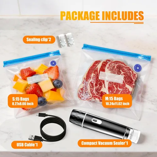 Miniatura 9 de Sellador al vacío compacto para alimentos, máquina selladora al vacío + 30 bolsas de vacío reutilizables, potente sellador de alimentos al vacío
