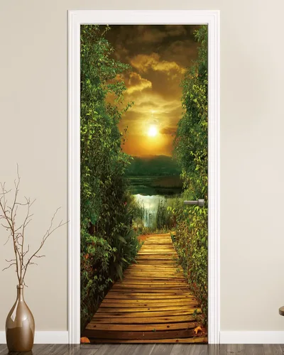 Miniatura 7 de FLFK Adhesivo de puerta - Playa y palmera, mural de pelar y pegar, tamaño combinado 36"x80", dividido en 2 piezas Mt2219