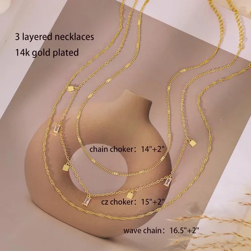 Miniatura 6 de Fwlisesa Collares en capas para mujer, conjunto de collares de oro delicado, collar de gargantilla chapado en oro de 14k, con circonita cúbica