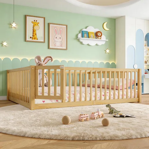 Miniatura 14 de Bellemave Cama de suelo Queen para niños, marco de cama Montessori con barandillas y puerta en forma de valla, cama Queen de madera para niños, Gris