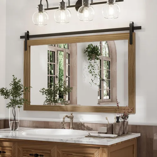 Miniatura 24 de PAIHOME Espejo de pared gris grande, espejo de baño cuadrado rústico horizontal de granja para espejos de tocador con marco de madera, decoración