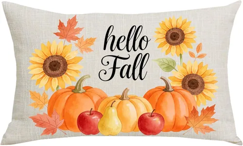 Funda de almohada decorativa de lino y algodón con diseño de girasoles amarillos y naranjas, con texto en inglés "Hello Fall Y'all" para el hogar,