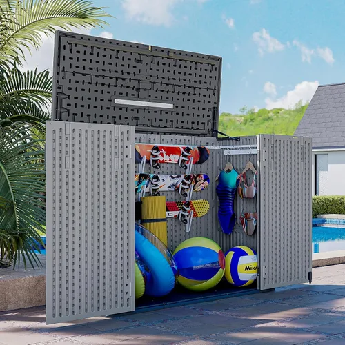 Miniatura 8 de AOXUN Cobertizo de almacenamiento horizontal de 21 pies cúbicos, caja de almacenamiento de polietileno de alta densidad para exteriores, caja