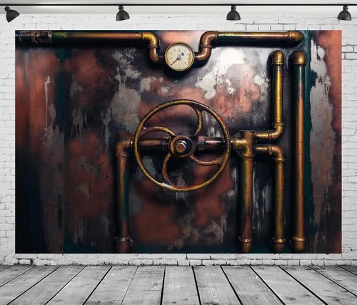 Miniatura 3 de BELECO Telón de fondo de fotografía Steampunk retro oxidado, de 5 x 3 pies, tubos de vapor de metal viejo, medidor de presión, fondo de máquina