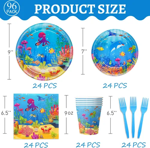 Miniatura 2 de 120 piezas Decoraciones de fiesta bajo el mar, juego de platos y servilletas para cumpleaños en tema de océano, juego de vajilla temática